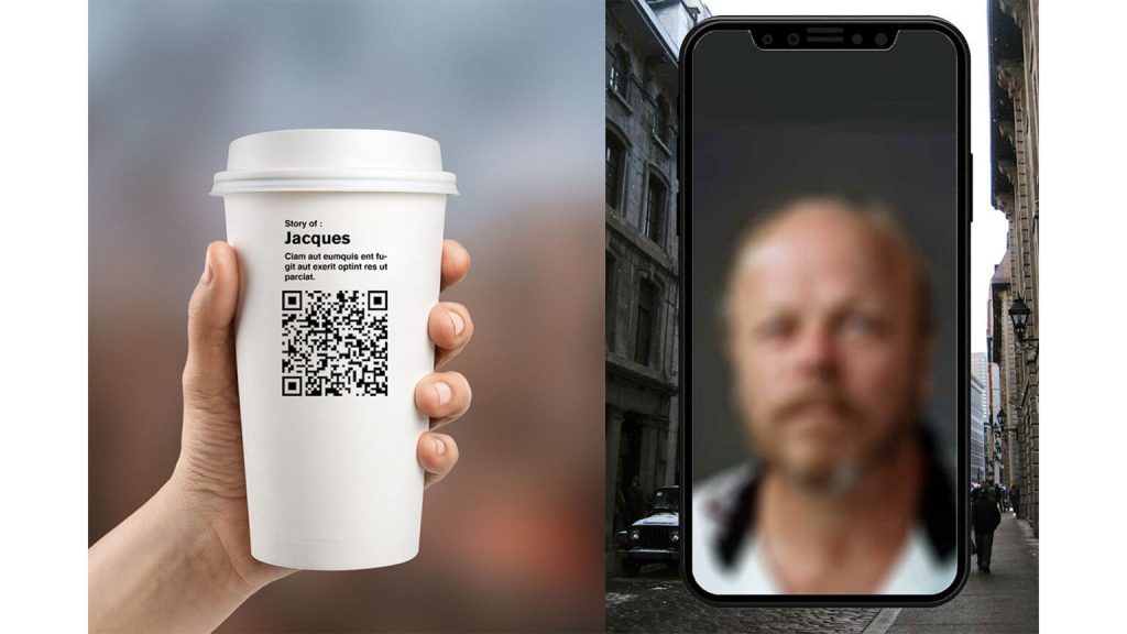 A coffe cup with a blur picture of a homeless